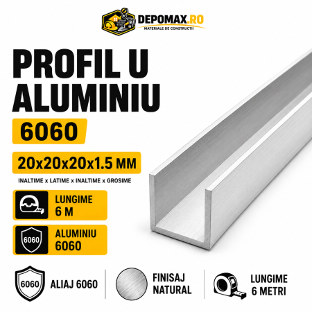Profil U aluminiu 20 x 20 x 20 x 1.5 mm, 6 metri